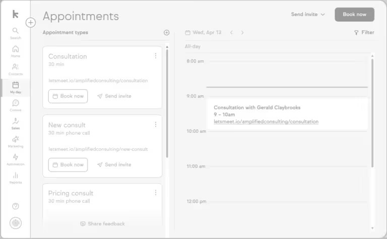 The HVAC CRM online booking screen with appointment types and a live calendar
