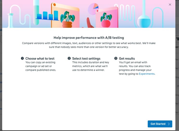 Meta Ads Manager A/B testing setup screen