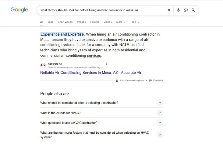 Google featured snippet for HVAC