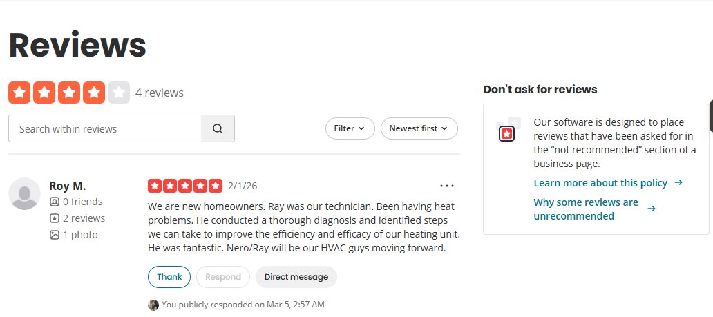 Yelp Reviews tab with 'Don't ask for reviews' policy callout
