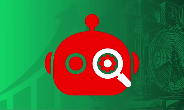 Published feature banner: a red robot face holding a magnifying glass over one eye, standing for AI search