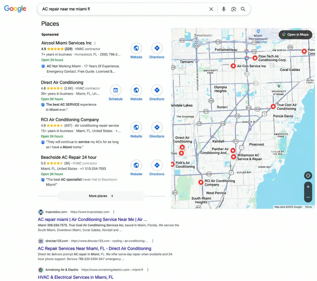 Google local search for AC repair in Miami showing nearby HVAC contractors and a service-area map