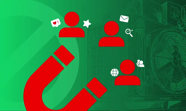 Published feature banner: a large red magnet drawing in customer avatars, with mail and search icons around it