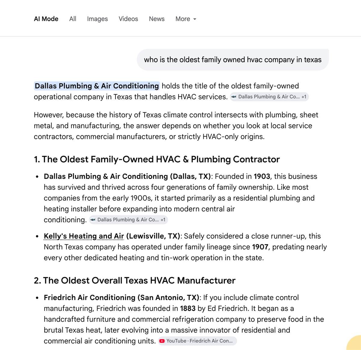 Google&rsquo;s AI Mode naming Kelly&rsquo;s Heating and Air among the oldest family-owned HVAC companies in Texas