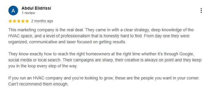 The five-star Google review for Nero’s Heating & Air as it appears on Google