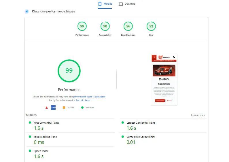 PageSpeed Insights report showing 99 performance and green Core Web Vitals for an HVAC site
