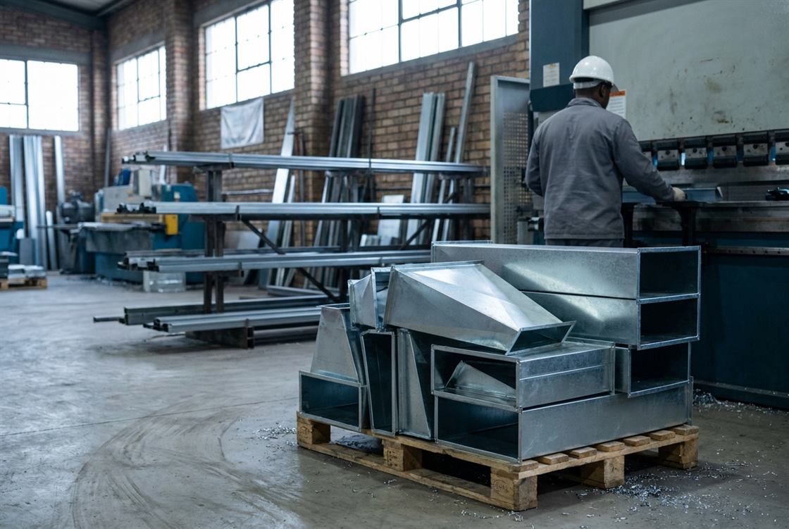 A sheet metal fabricator in a shop bending a length of galvanised duct on a press brake, with finished plenums and transitions stacked on the bench behind