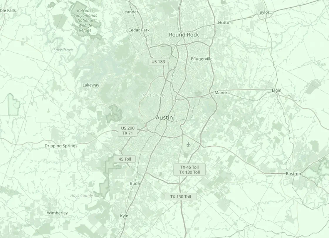 Coverage map of the Austin HVAC service area, with Austin and the nearby markets Round Rock, Cedar Park, Pflugerville, Kyle, Bastrop