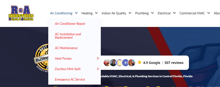 HVAC contractor website with a full service menu and a 4.9-star Google rating from 507 reviews
