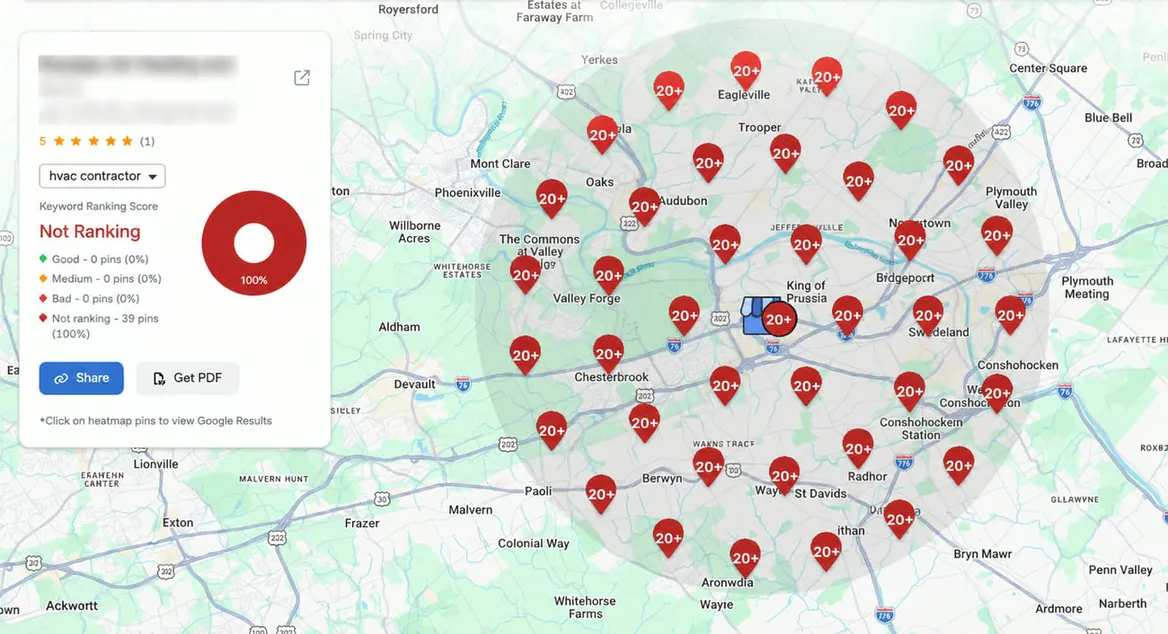 Local rank grid heatmap showing an HVAC business ranking outside the top spots across its service area