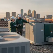 Commercial HVAC engineers inspecting rooftop air handling units