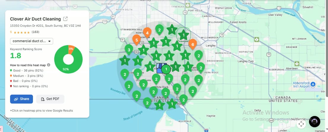 A local ranking heatmap around South Surrey showing 36 of 39 tracked points in green, 3 in amber and none failing to rank