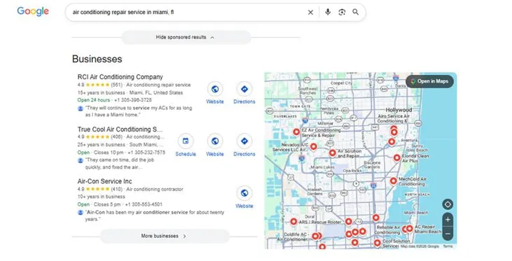 Google local search results for HVAC
