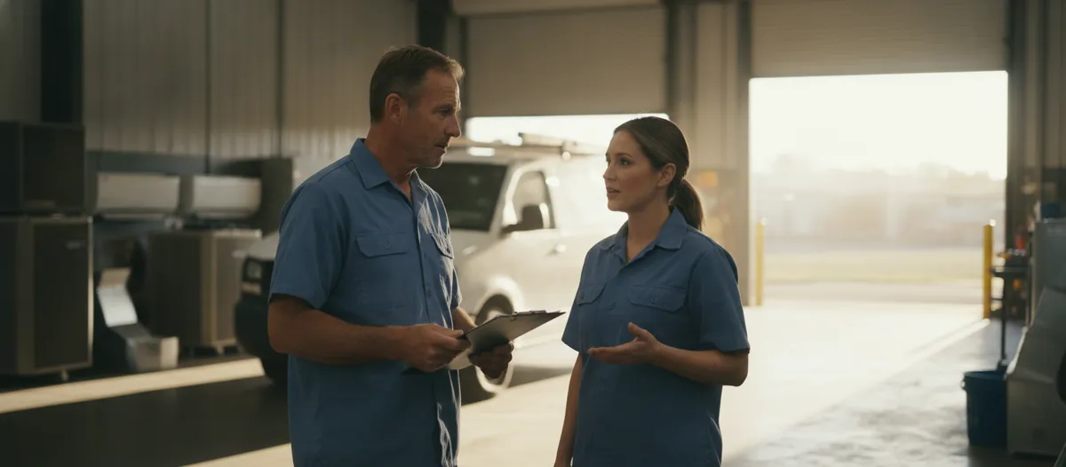 Two HVAC contractors talking in the open bay of a small workshop, with a service truck behind them