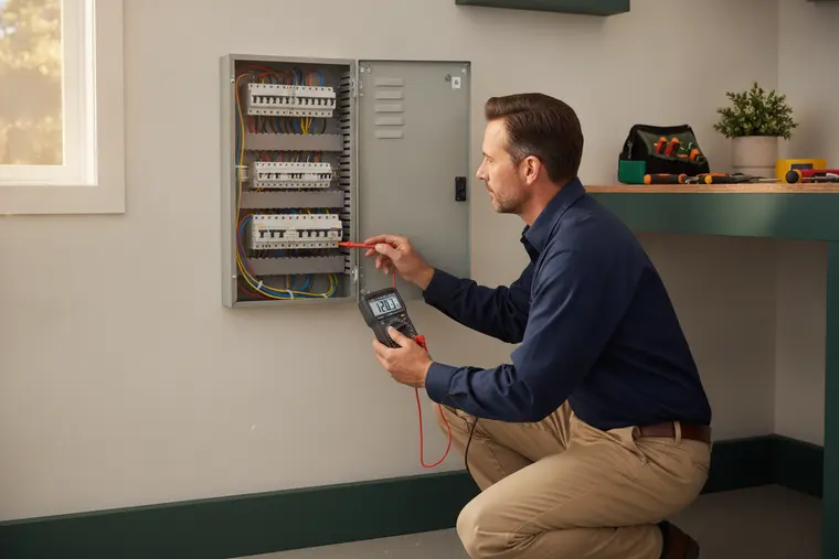 An electrician in a work uniform testing a residential breaker panel with a multimeter in a bright garage, the panel door open showing neat rows of breakers