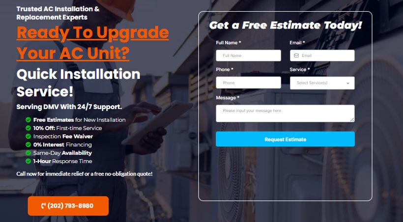 A focused HVAC landing page with a matched headline, offer, trust points, and a single request-estimate form