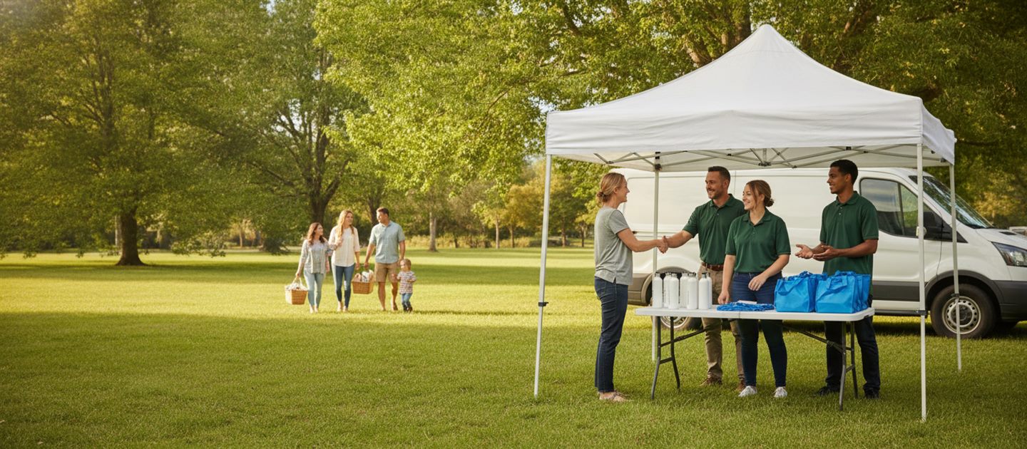 An HVAC crew meeting local homeowners at their pop-up stand at a community event in a park
