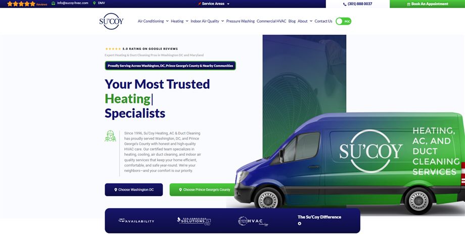 The Su&rsquo;Coy HVAC website built around the owner&rsquo;s community work, with a branded green service van