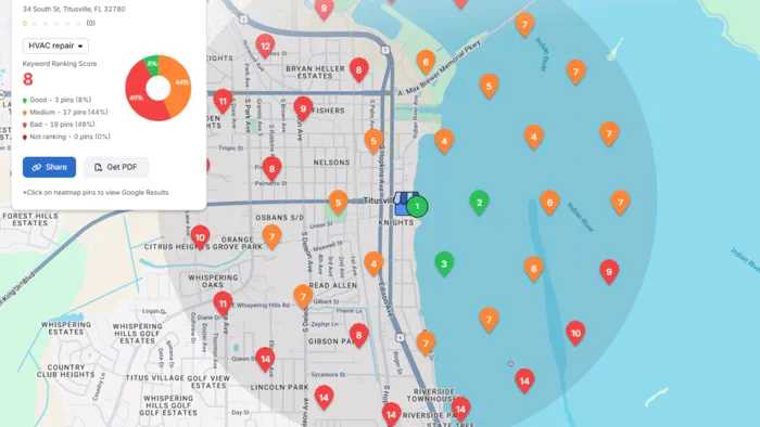 A local rank-tracking map of an HVAC service area, with a pin grid showing where the business ranks neighbourhood by neighbourhood