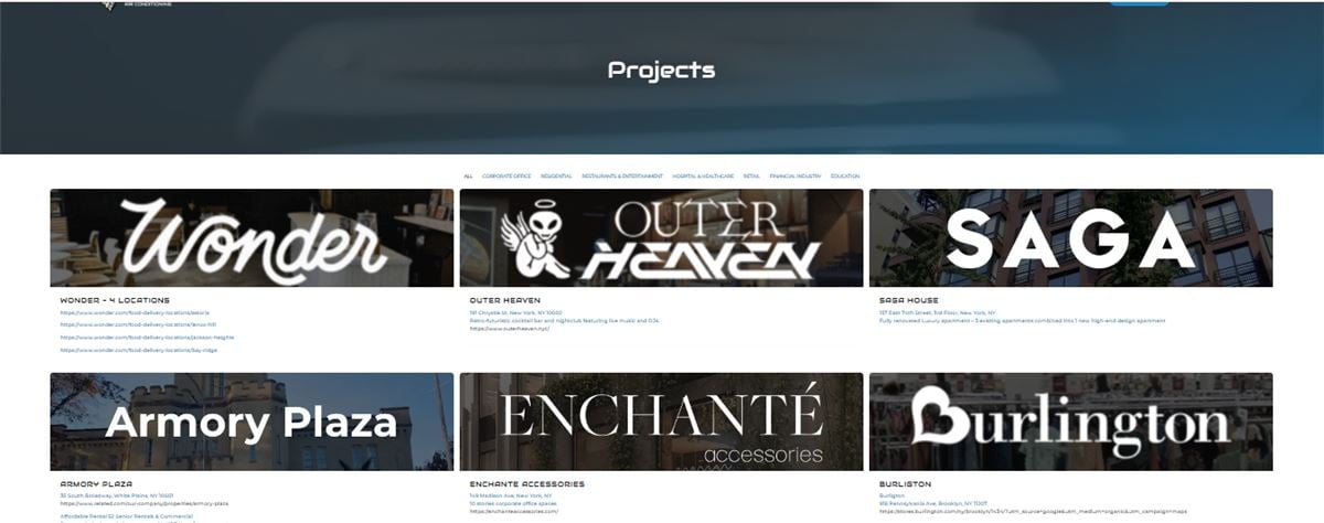 The Northern Wolves project portfolio, showing completed commercial HVAC installations across New York City