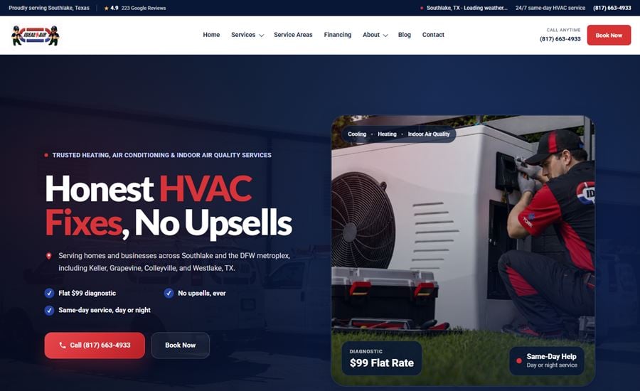 The Ideal In Air home page, Southlake, Texas, headlined &ldquo;Honest HVAC Fixes, No Upsells&rdquo; beside a technician at a condenser