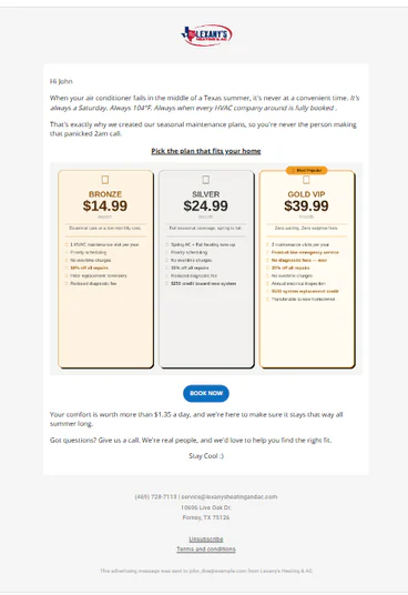 Lexany’s Heating & AC seasonal maintenance plan email
