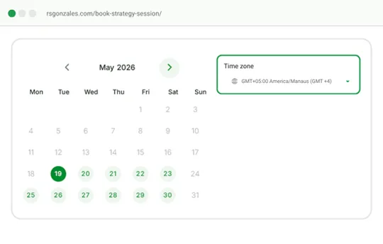 The RS Gonzales booking calendar, where you pick the date and time zone for your session