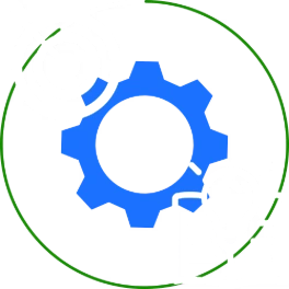 The live site's step-four icon: two gears with a target, inside a broken ring.