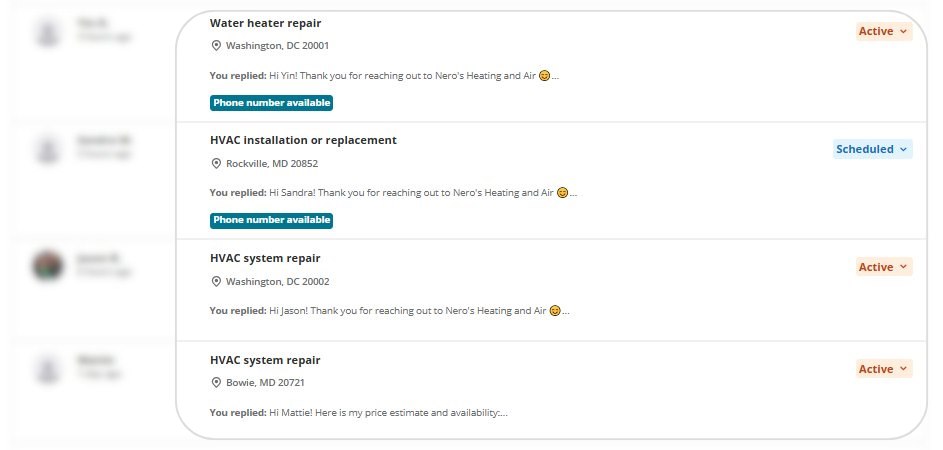 Yelp leads list showing inbound HVAC inquiries with response status