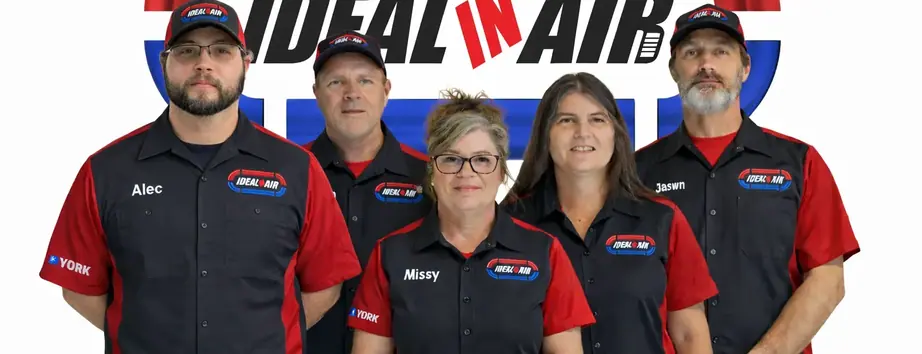 The Ideal In Air team of five in branded shirts standing in front of the Ideal In Air logo