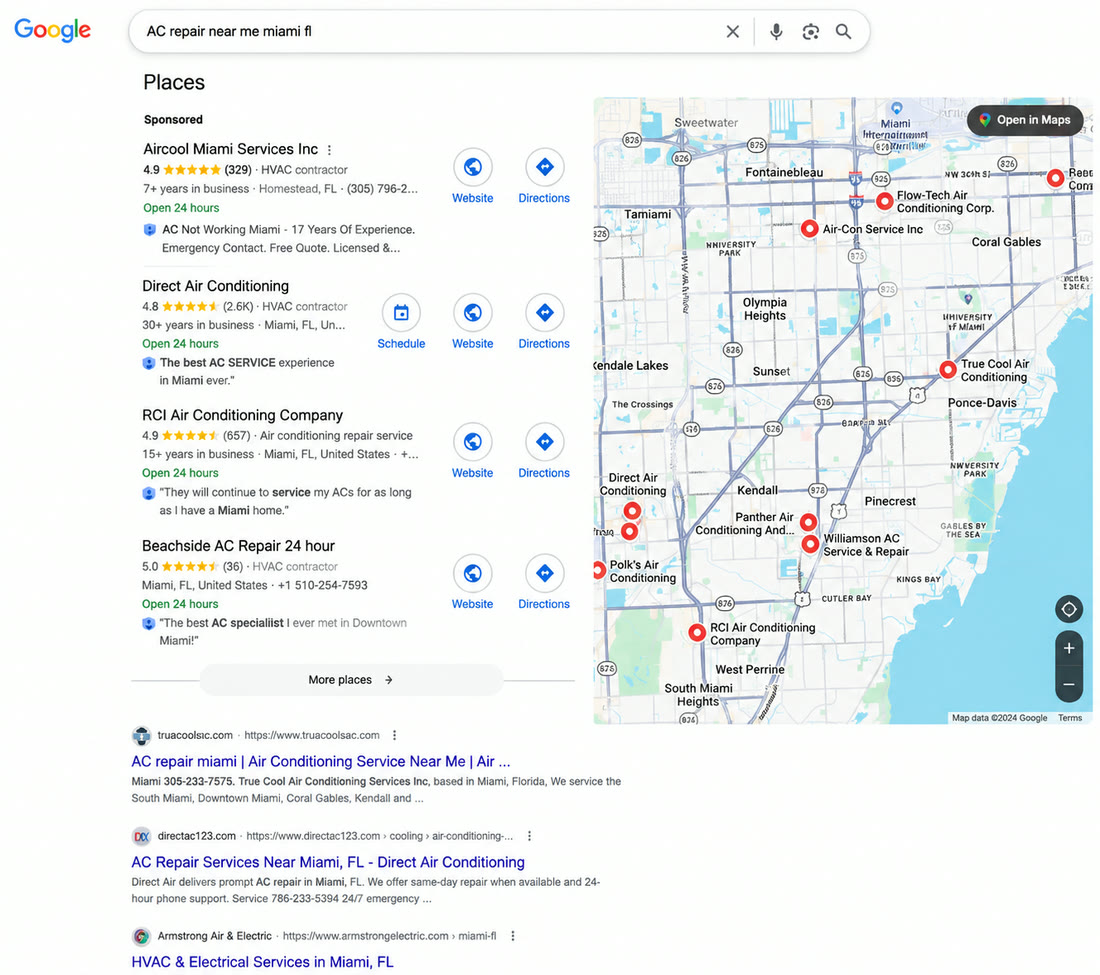 Google local search for AC repair in Miami showing nearby HVAC contractors and a service-area map