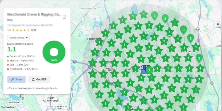 A local rank grid for a managed client account, showing a keyword ranking score and green rank pins across the service area
