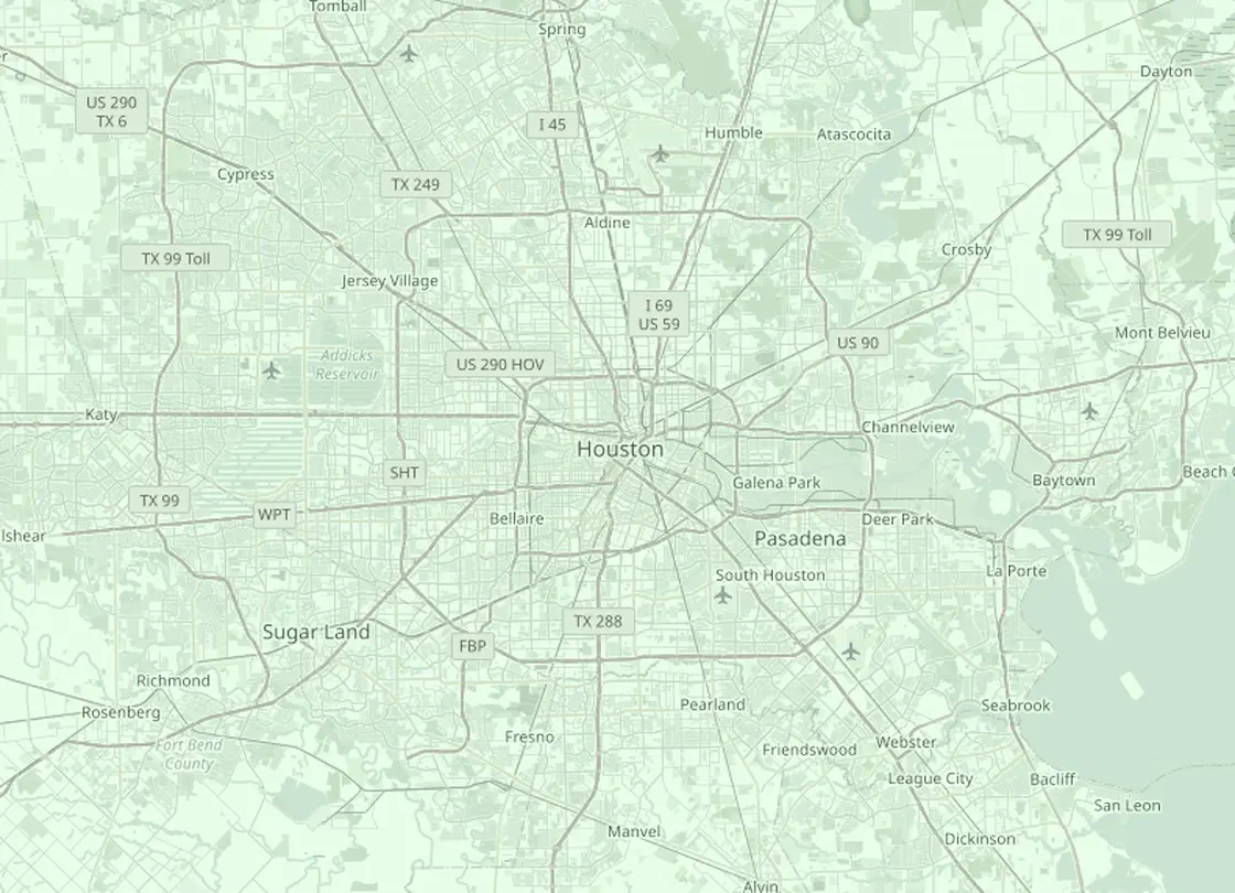 Coverage map of the Houston HVAC service area, with Houston and the nearby markets Sugar Land, Pearland, Humble, Katy, League City